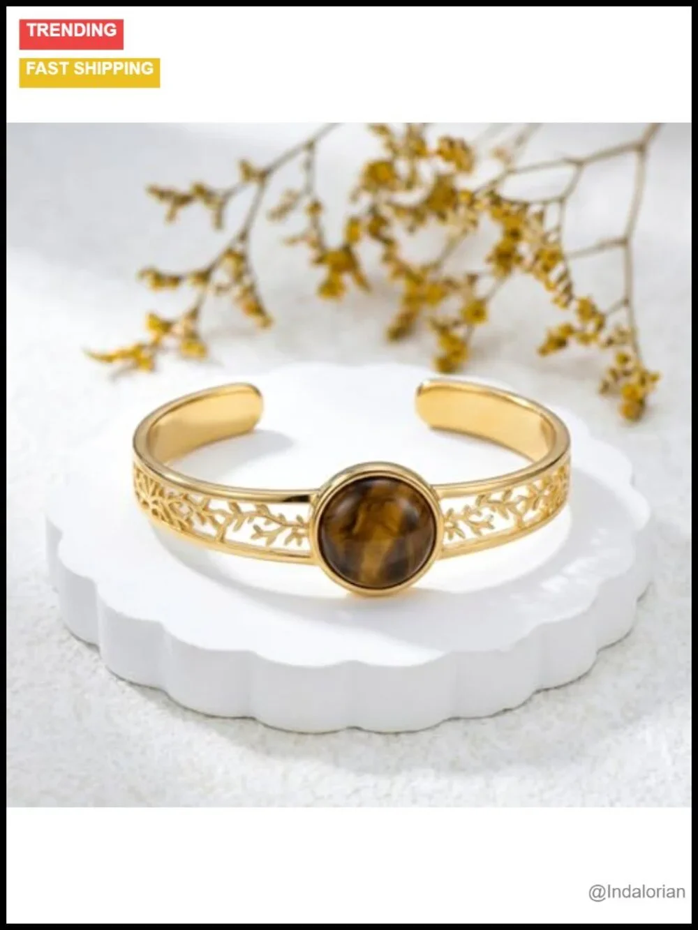 Tiger Eye Tree of Life Cuff Bracelet 14k Gold Plated Open Bangle